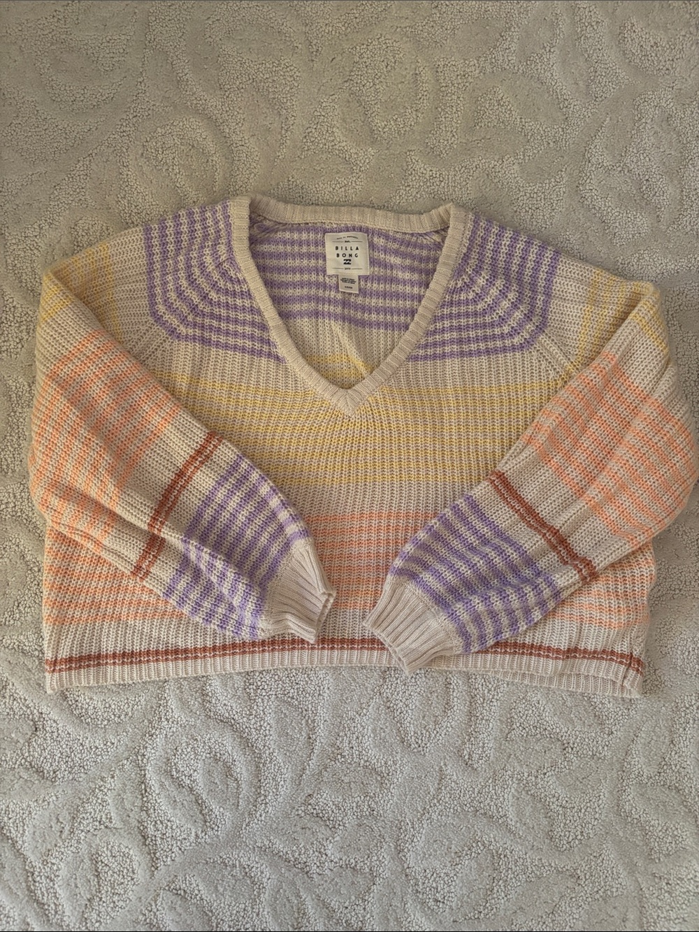 Billabong Cream V-Neck Sweater with Pastel Purple, Peach & Yellow Stripes